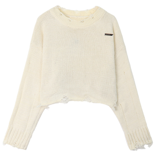 Holed short, raw edge, long-sleeved sweater for women, autumn and winter new style, niche loose outer knitted top
