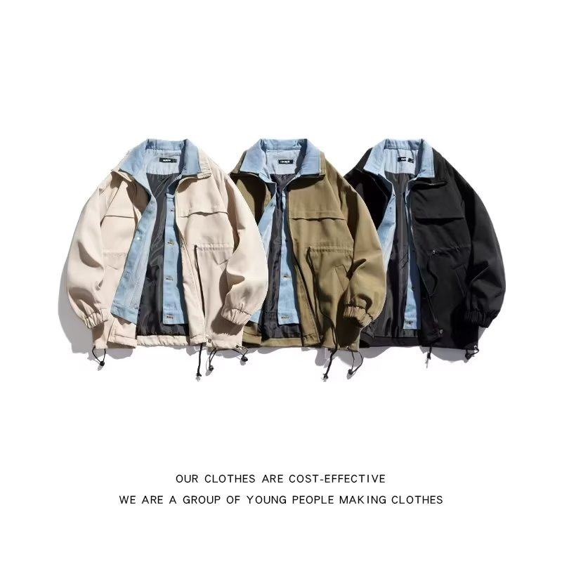 Fake two-piece denim jacket for men in early spring and autumn new American style work jacket casual tops