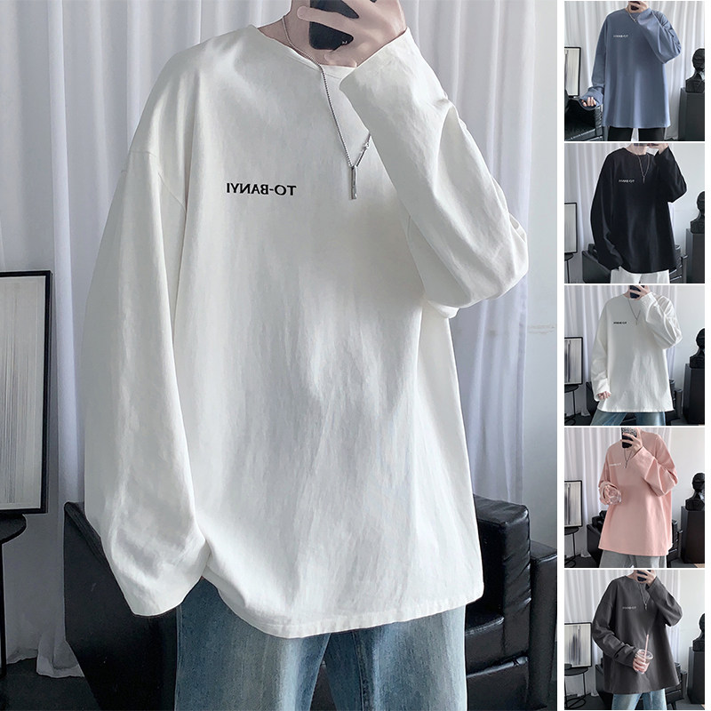 Pure cotton long-sleeved T-shirt for men, autumn round neck couple's bottoming shirt, inner top, casual and versatile