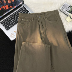 Autumn new Hong Kong style Japanese style retro solid color vibe trendy wide leg casual jeans