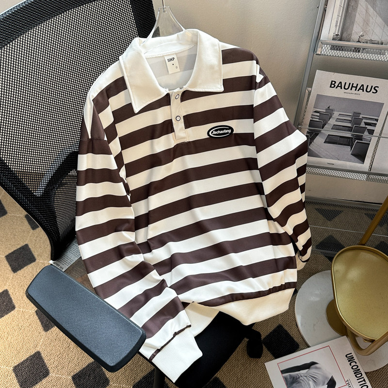 Street trend lapel long-sleeved polo shirt for men 2023 retro striped contrast color niche sweatshirt