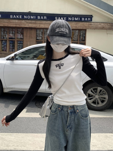 Autumn and winter Korean style contrasting color slim-fit pullover letter embroidery design long-sleeved inner T-shirt women's top