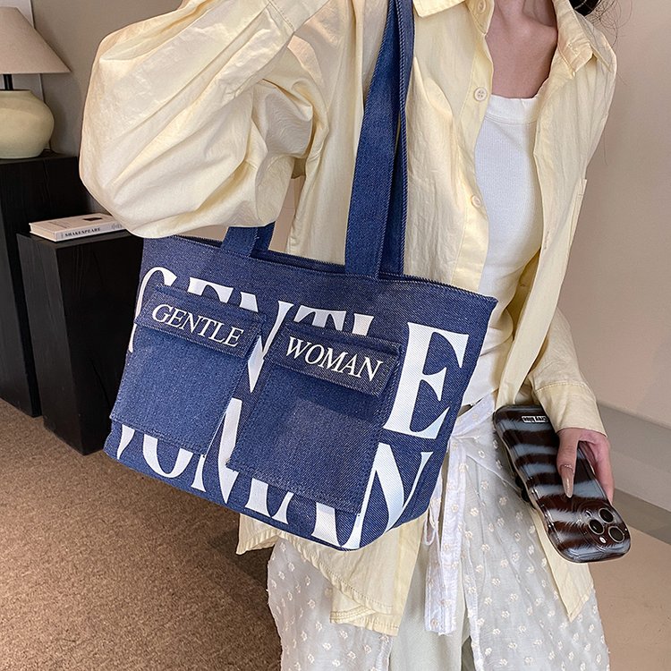 Tote bag for women 2024 new autumn large-capacity canvas bag fashionable letter shoulder bag college student class commuting bag