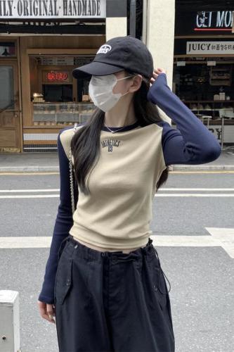 Autumn and winter Korean style contrasting color slim-fit pullover letter embroidery design long-sleeved inner T-shirt women's top