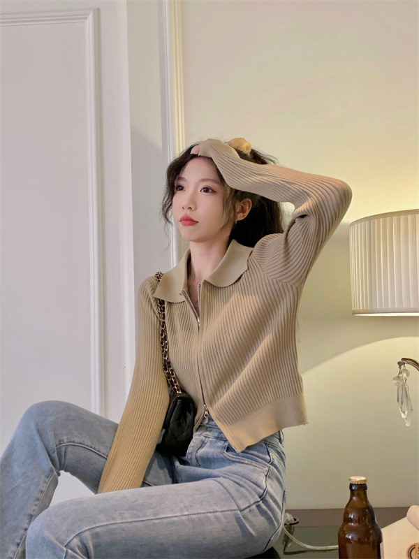poio collar sweater lapel slim zipper high waist short cardigan top