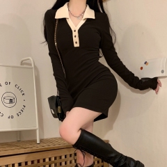 Autumn and winter new hot girl dress women's polo collar high waist short skirt long sleeve bottoming knitted skirt