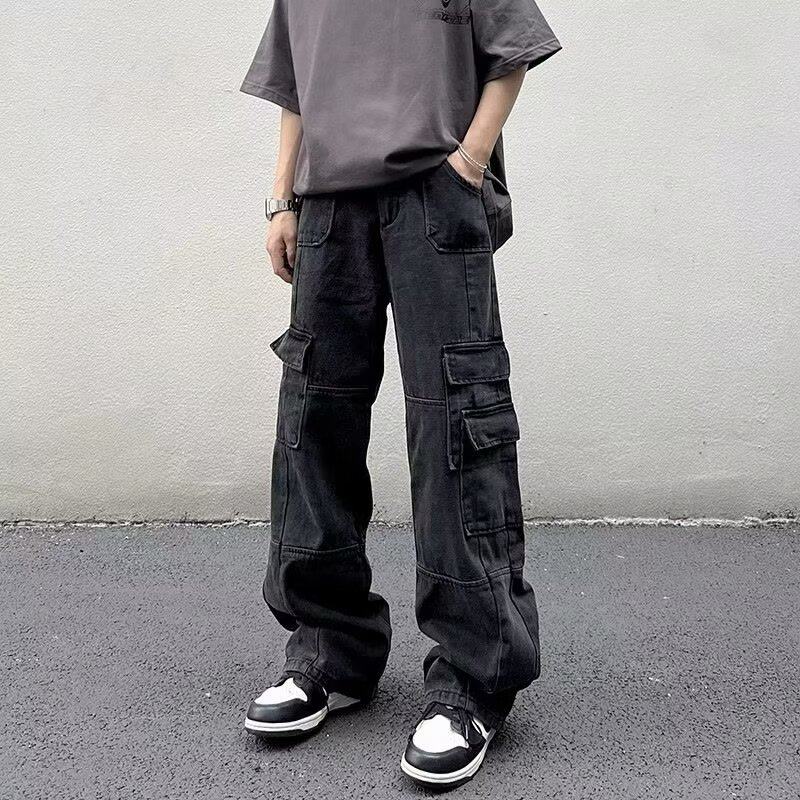 American street work jeans for men, trendy brand, distressed design, loose and versatile straight-leg pants