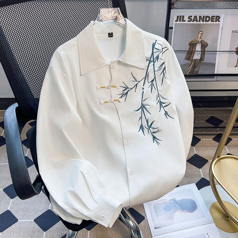 New Chinese style Chinese style button embroidered long-sleeved shirt men's Tang suit Taoist robe shirt jacket spring