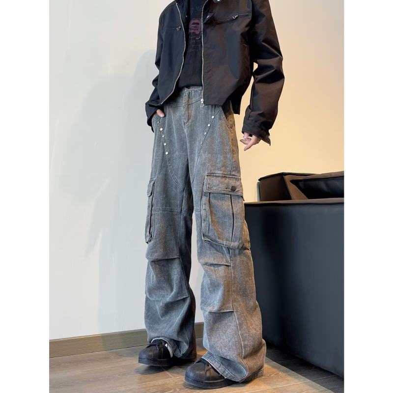 American retro trousers for men in spring and autumn, trendy and high-end fashion rivet overalls, trendy brand straight-leg trousers with slight flares