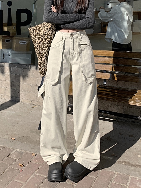American retro multi-pocket pleated overalls for women early autumn loose straight wide-leg casual pants