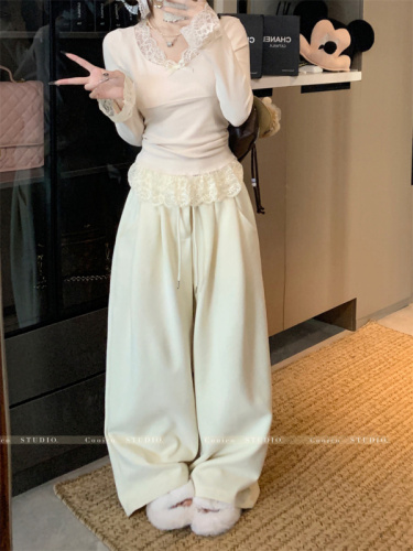Korean lace spliced ​​bow base + versatile thickened busty wide-leg pants + yellow sweater jacket