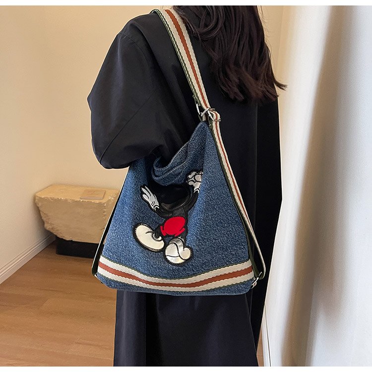 Large-capacity denim bag for women 2024 new trendy Mickey multi-functional backpack wide shoulder strap crossbody bucket bag