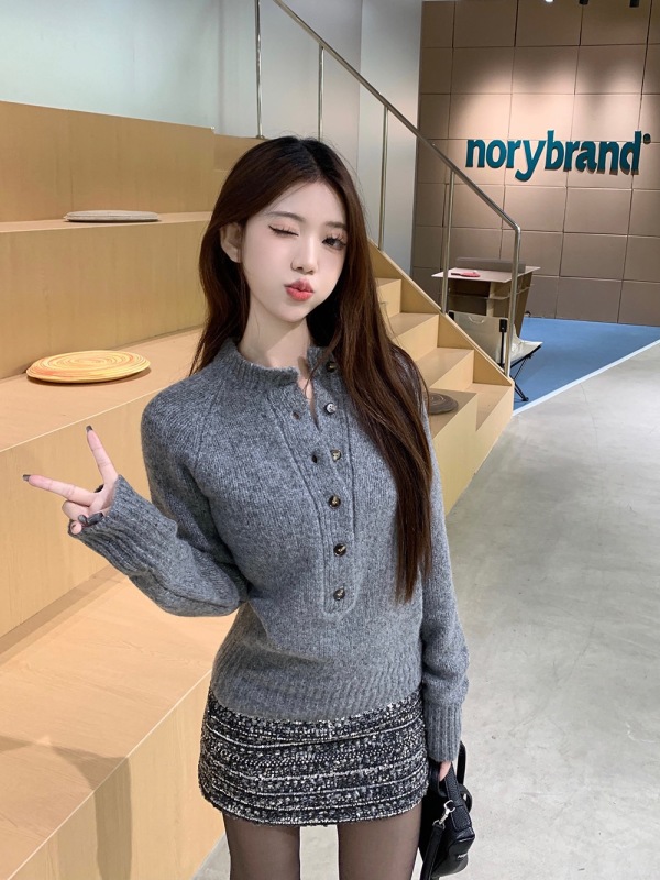 Autumn and winter henley retro half-cardigan long-sleeved knitted sweater