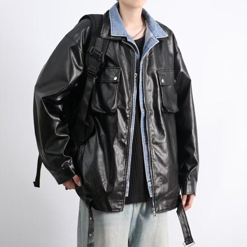 Fake two-piece leather jacket men's Korean style trendy high street handsome spring new ins jacket