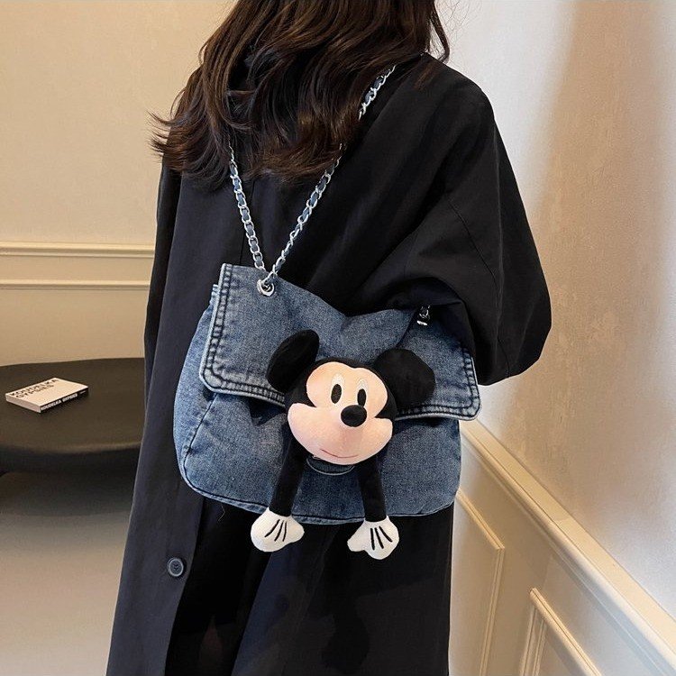 Cute doll chain trendy tote bag old washed denim one-shoulder women's large-capacity casual versatile crossbody bag