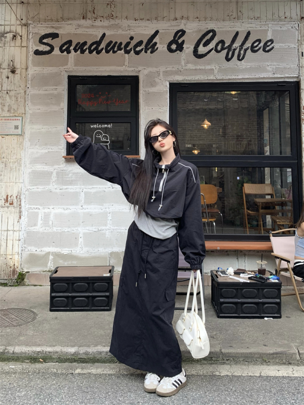 Korean spliced ​​fake two-piece drawstring work top + casual elastic waist skirt two-piece set for women