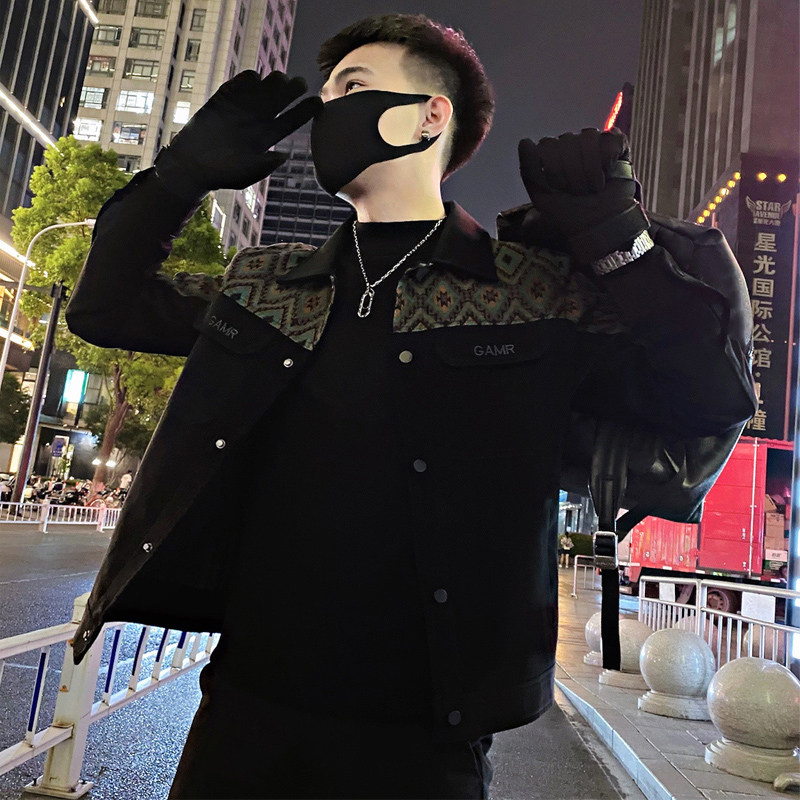 Autumn social boy American style handsome patchwork rhombus leather jacket jacket male black head 1