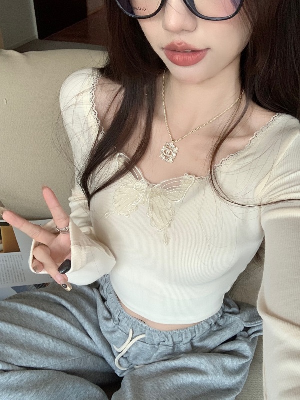 Pure Desire Butterfly Lace Spliced ​​Long Sleeve T-shirt Women's Autumn and Winter Brushed Inner Layer