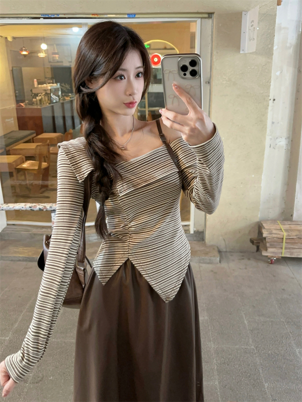 Designed one-shoulder long-sleeved slim off-shoulder striped mid-length all-match leather skirt fashion suit