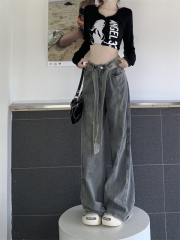 Hong Kong style distressed retro jeans women's high street trousers high waist slimming wide leg straight floor mopping trousers