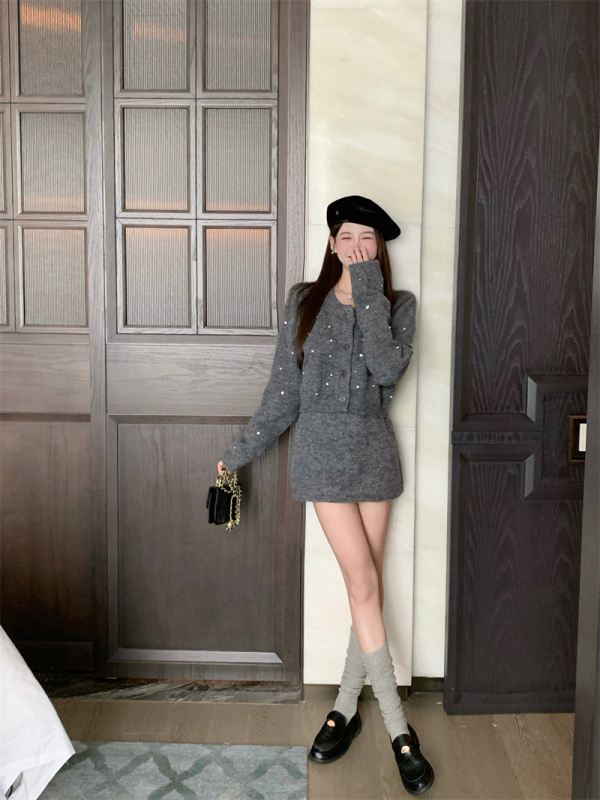 Studded knitted long-sleeved cardigan top + hip-covering skirt set