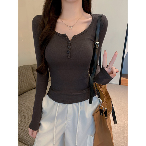 American hot girl half-open collar long-sleeved T-shirt with basic design and slim fit top