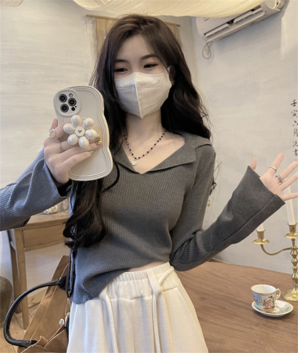 V-neck knitted bottoming shirt with slim-fit hot girl polo-neck long-sleeved top for women