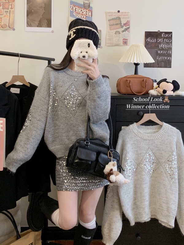 Heavy industry sequin round neck long-sleeved sweater loose pullover sweater design temperament versatile top