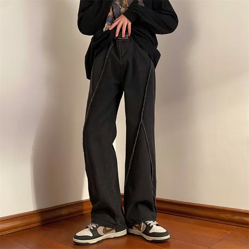 High street dark straight-leg jeans for men and women, unisex retro design, versatile wide-leg floor-length micro-flare pants