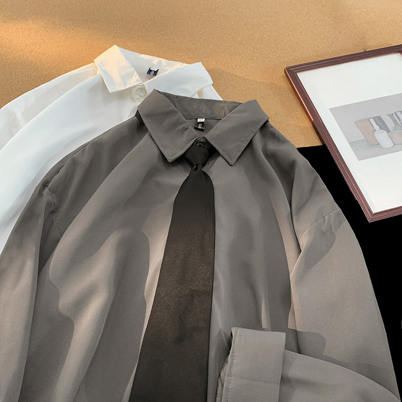 New Hong Kong style high street fashion brand college solid color handsome lapel long-sleeved shirt