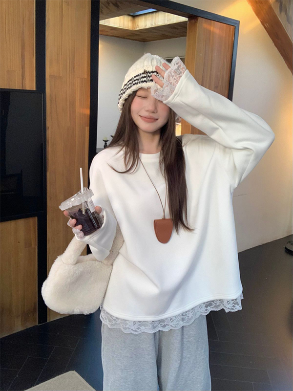 Autumn and winter Korean chic simple lace edge round neck/V neck thickened velvet warm bottoming shirt long-sleeved velvet sweater