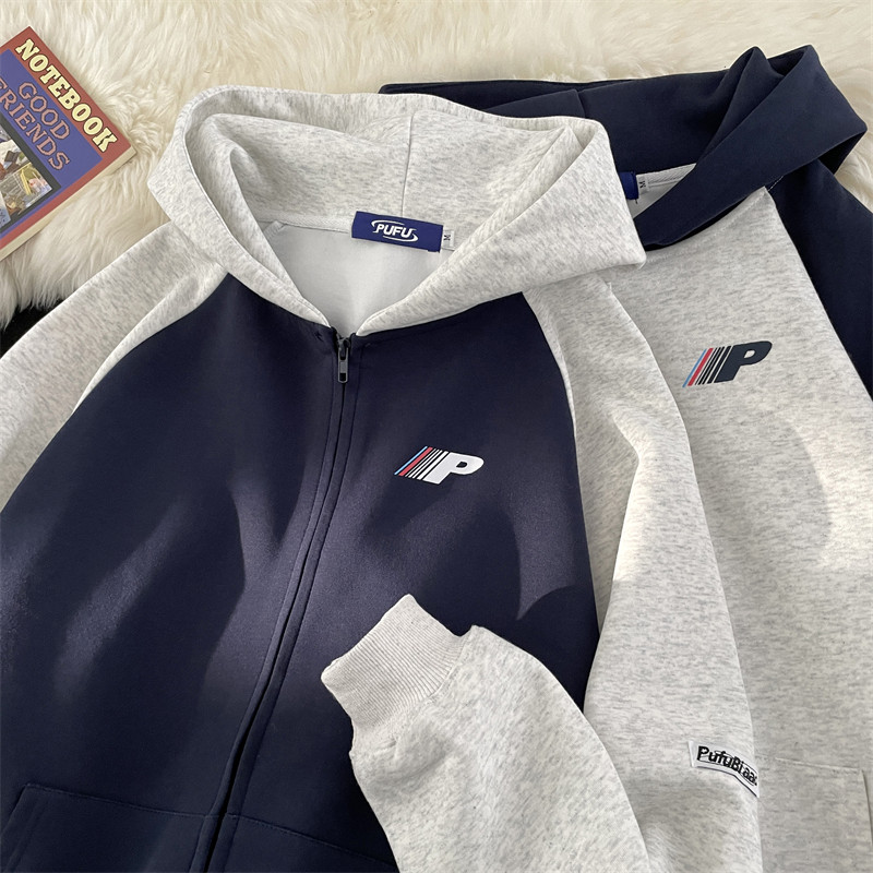 American retro raglan cardigan hooded sweatshirt jacket