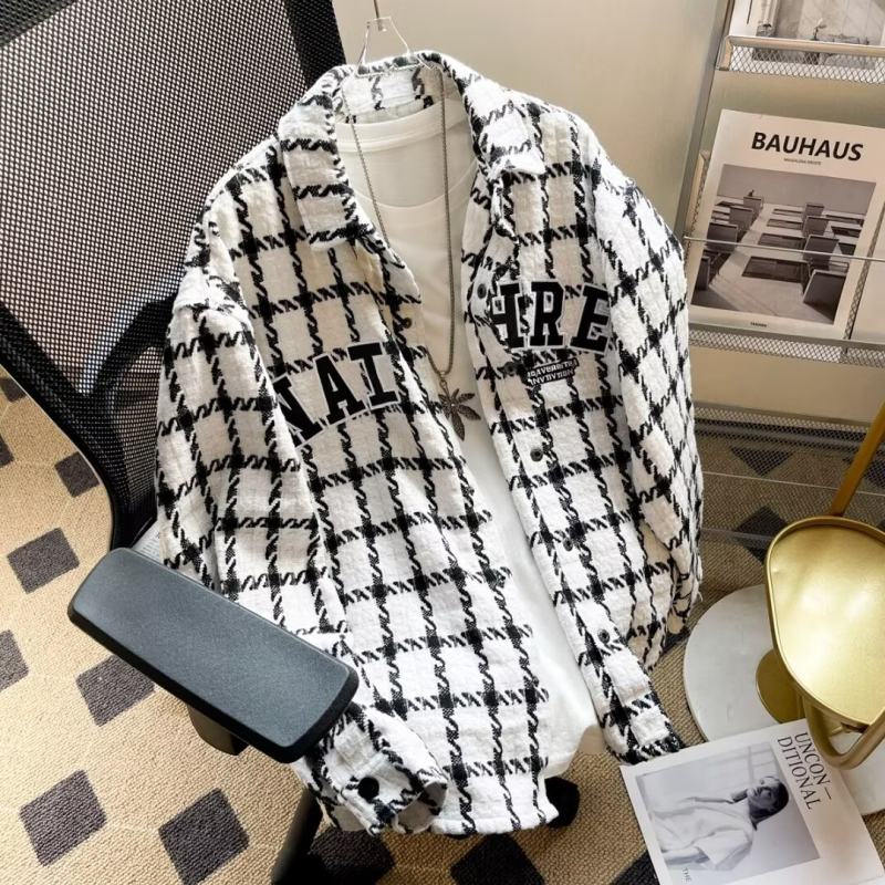 Plaid jacket men's spring and autumn American retro handsome jacket trendy high-end loose top