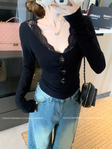 Hot girl's pure desire inner wear lace stitching hollow long-sleeved T-shirt feminine slim crop top