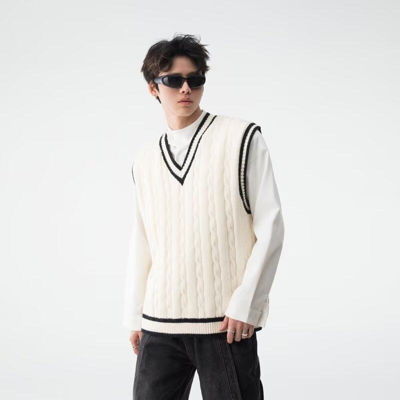 British college style V-neck knitted vest autumn and winter twist pullover waistcoat sweater vest vest