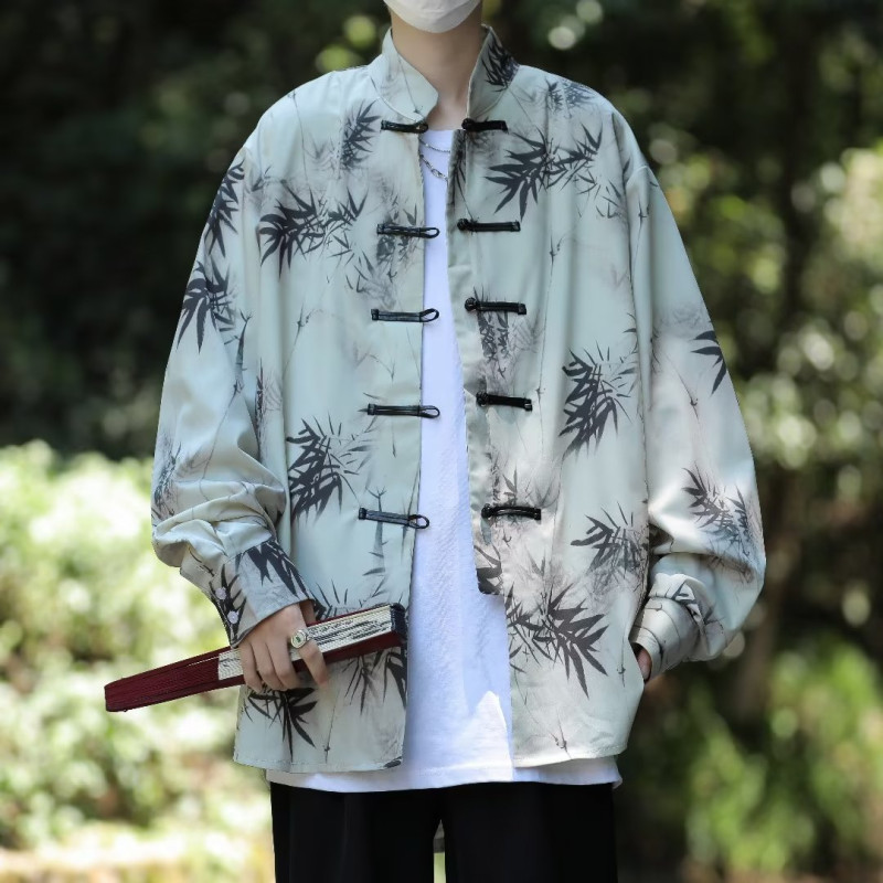 New Chinese style men's Chinese style stand collar floral shirt jacket style summer Zhongshan Hanfu Republic of China Tang suit men's style
