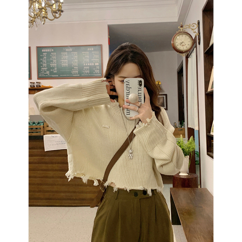 Holed short, raw edge, long-sleeved sweater for women, autumn and winter new style, niche loose outer knitted top
