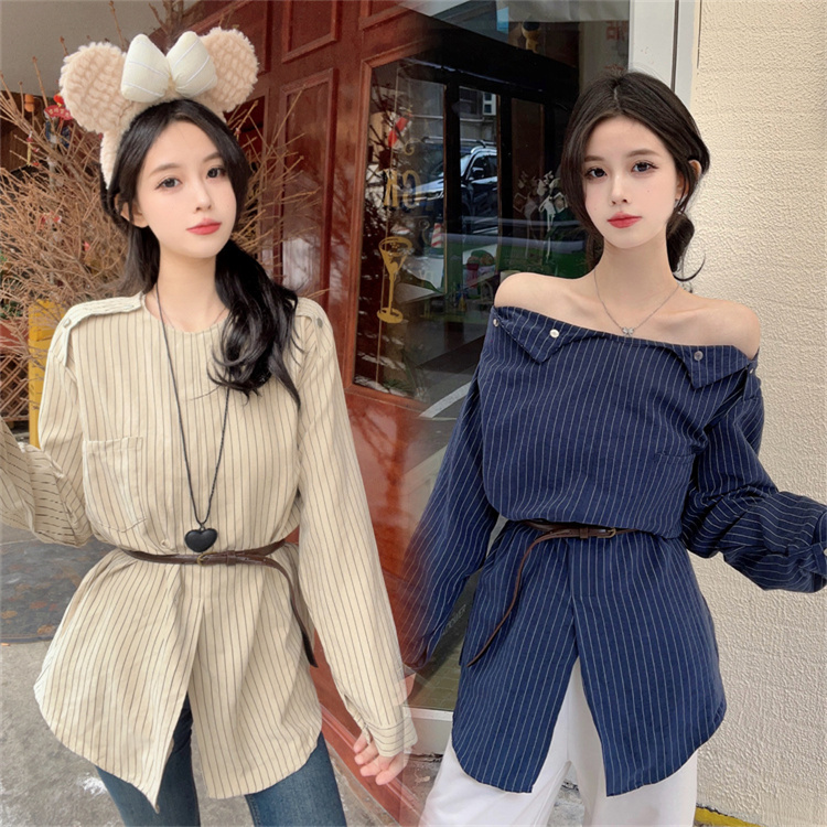 Korean one-shoulder off-shoulder striped top for women spring and autumn long-sleeved design niche right shoulder slit shirt