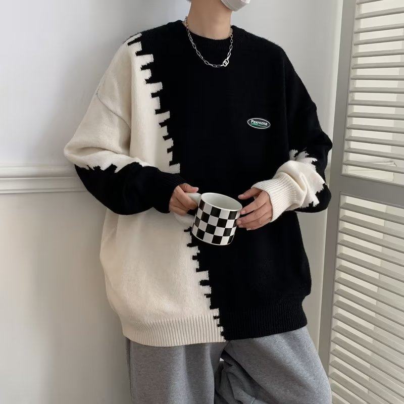 Lazy style sweater for men in autumn and winter contrasting color stitching design knitted sweater vintage sweater jacket