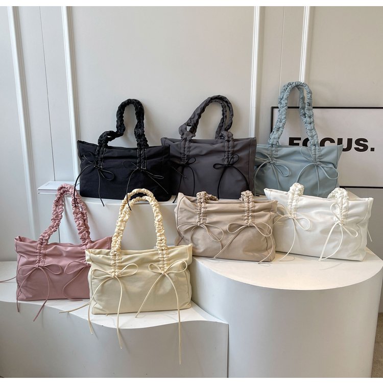Fashion women's cloth bag shoulder pleated cloud tote bag large capacity bow nylon bag college student school bag literary and artistic