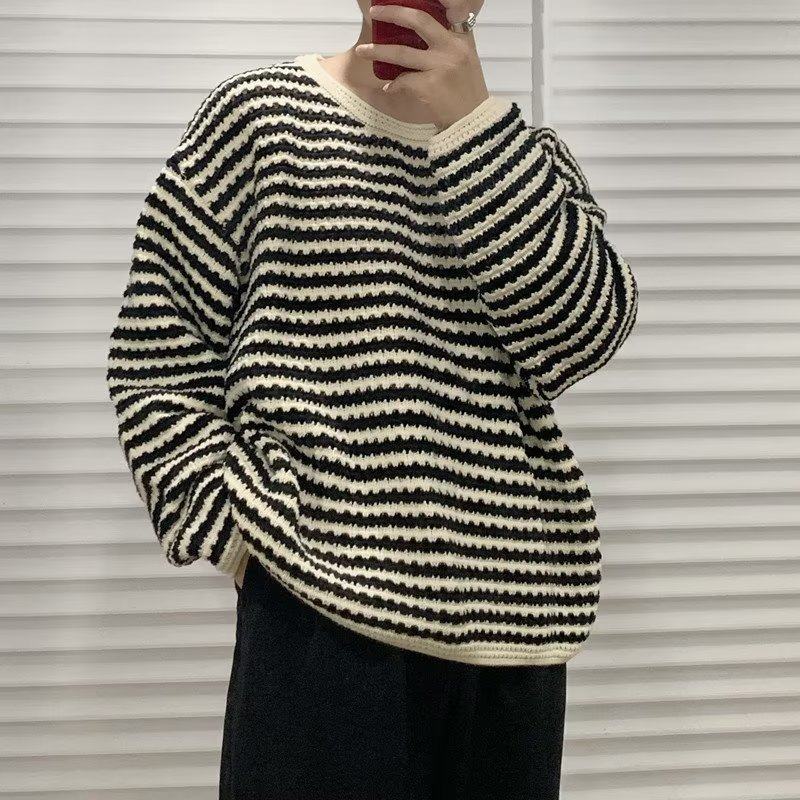 American retro niche cleanfit striped jacquard round neck knitted sweater