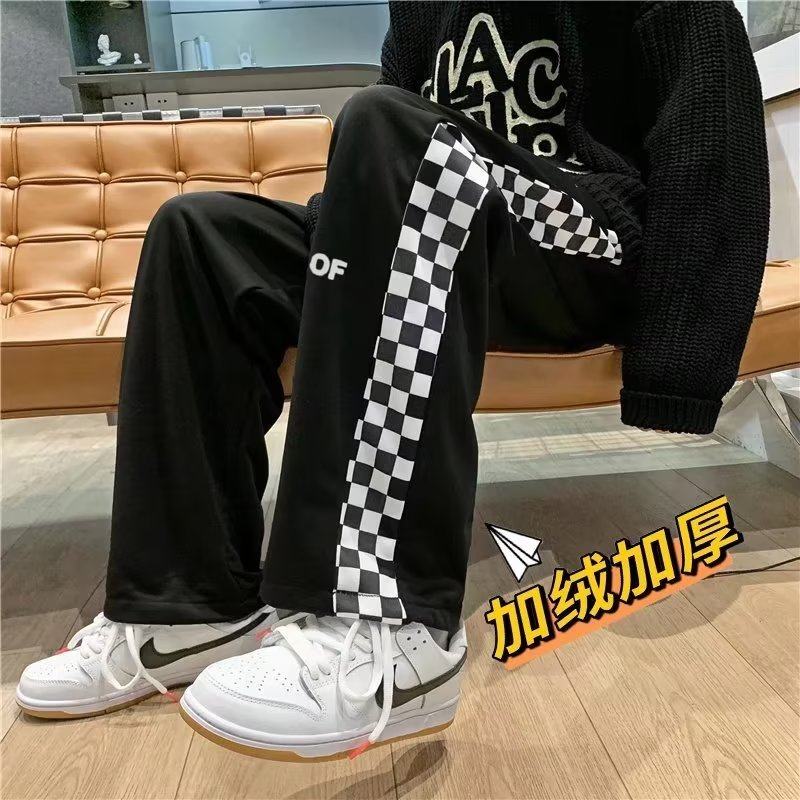 Checkerboard patchwork pants men's autumn and winter velvet sports straight loose sweatpants