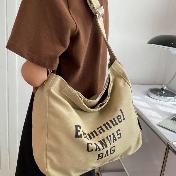 Korean version of simple letter canvas bag for women summer 2024 new trendy casual tote bag college student shoulder crossbody bag