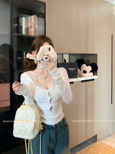 Hot girl's pure desire inner wear lace stitching hollow long-sleeved T-shirt feminine slim crop top