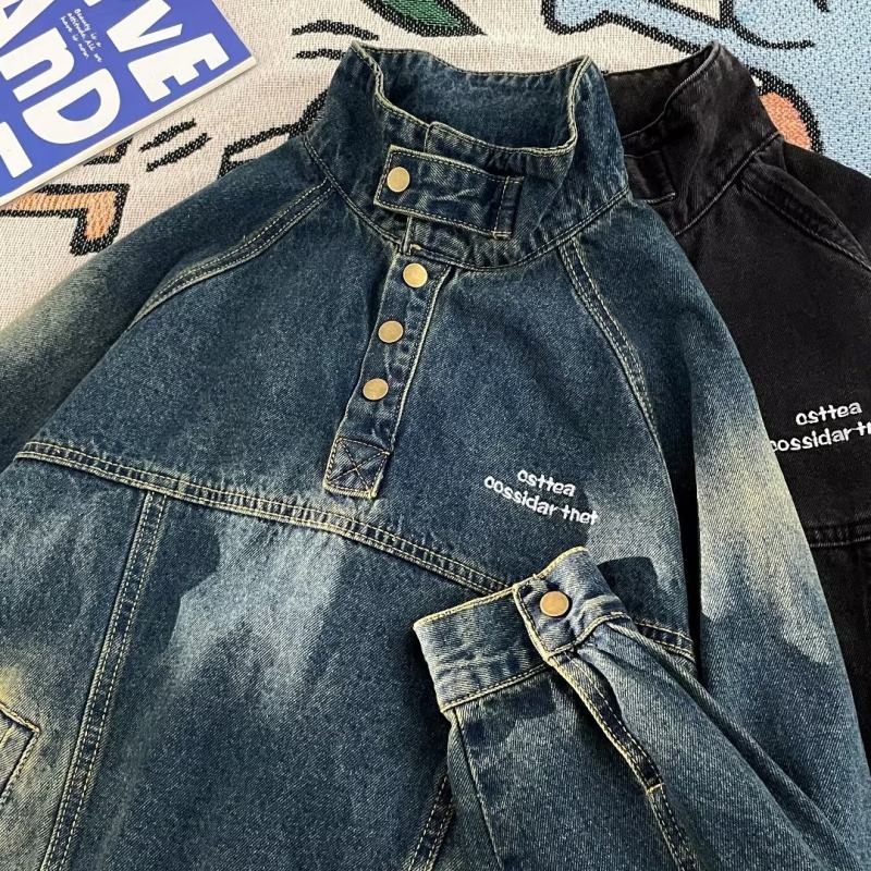 American retro street stand collar denim sweatshirt for men spring and autumn new casual pullover jacket