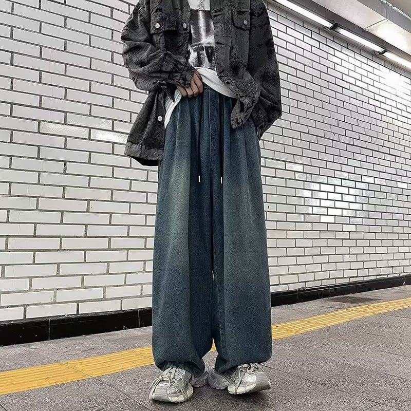 Men's trendy lace-up distressed jeans, loose wide-leg pants, American high street style