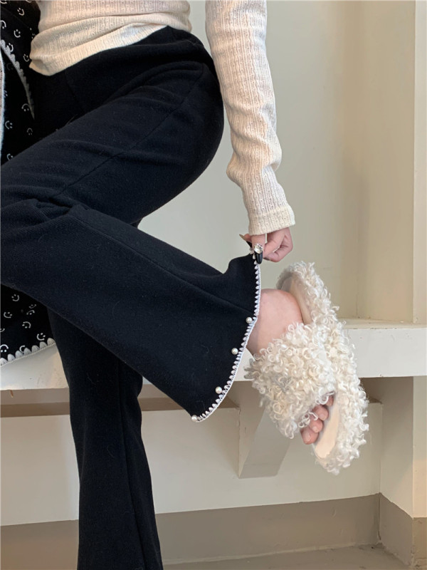 Heavy beaded lace slimming black elastic elastic waist slightly flared trousers