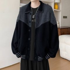 Contrast color splicing knitted cardigan jacket men's American retro bf lazy style loose lapel sweater