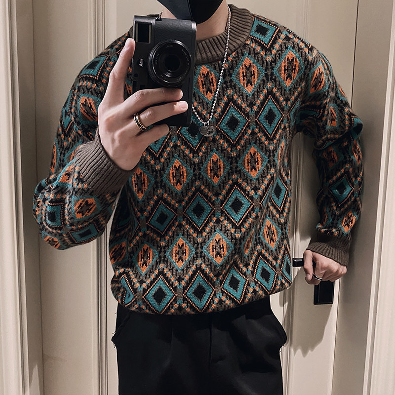 Winter social guy retro rhombus trendy brand knitted bottoming shirt sweater for men black head 2