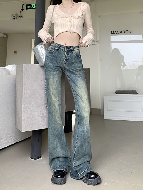 American Hot Girl Retro High Elastic Low Waist Pants Washed Distressed Long Legs Slim Fit Jeans